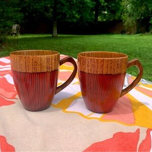 Set of Two Handmade Natural Red Wooden Cups ☕️ Coffee or Tea Mugs w/ Handles 🍵